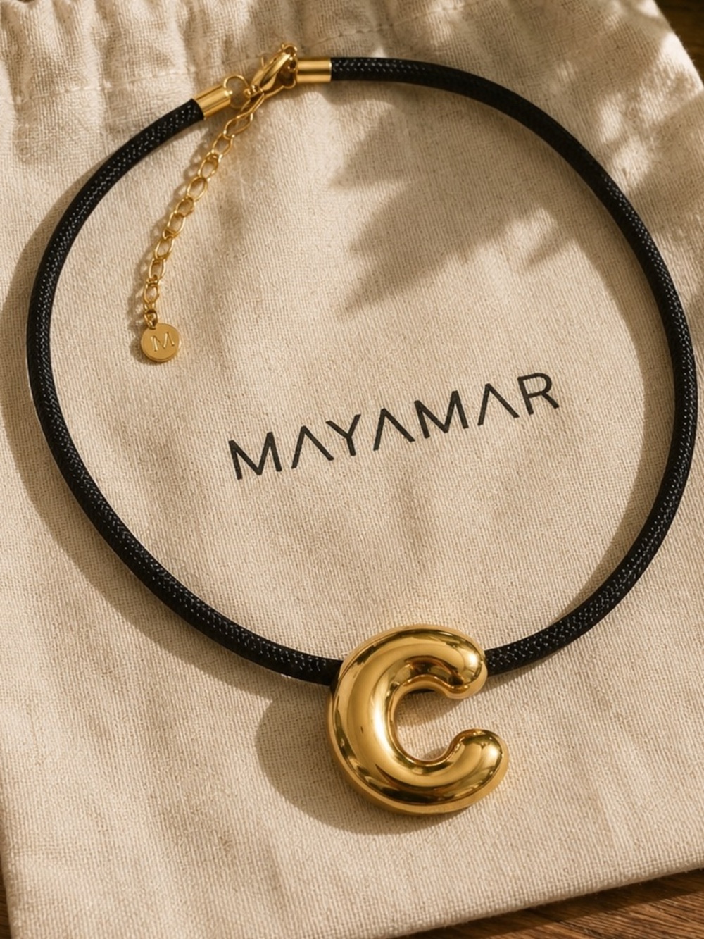 New mayamar puffy Gold Letter C Pendant Necklace on Black Cord
